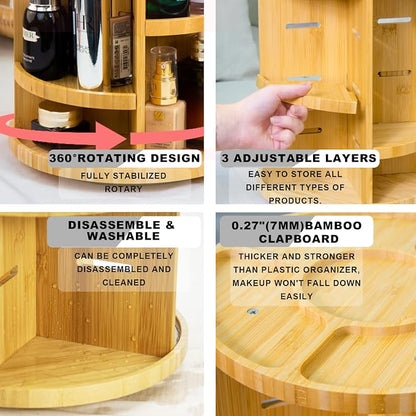 VVW Rotating Bamboo Makeup Organizer, 360 Degree Spinning Adjustable Bamboo - Image 6