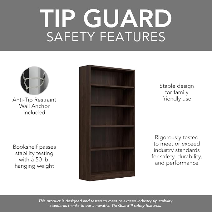 Bush Furniture Universal Tall 5 Shelf Bookcase in Black Walnut, Vertical - Image 7