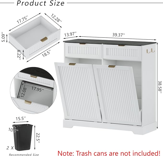 2x13 Gallons Double Tilt Out Trash Can Cabinet, Wooden Fluted Trash Garbage Can - Image 2