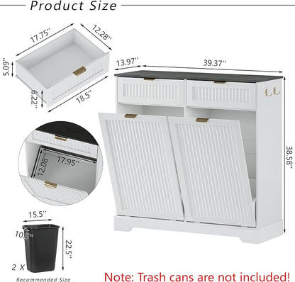 2x13 Gallons Double Tilt Out Trash Can Cabinet, Wooden Fluted Trash Garbage Can - Image 2