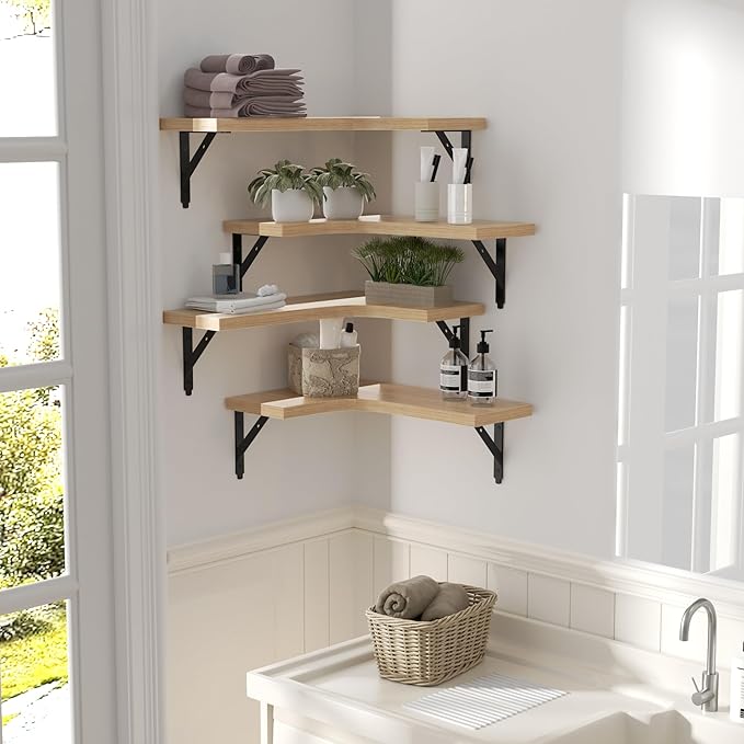 ROMGUAR CRAFT Corner Floating Shelves Wall Mounted Set of 4, Rustic Wood - Image 6