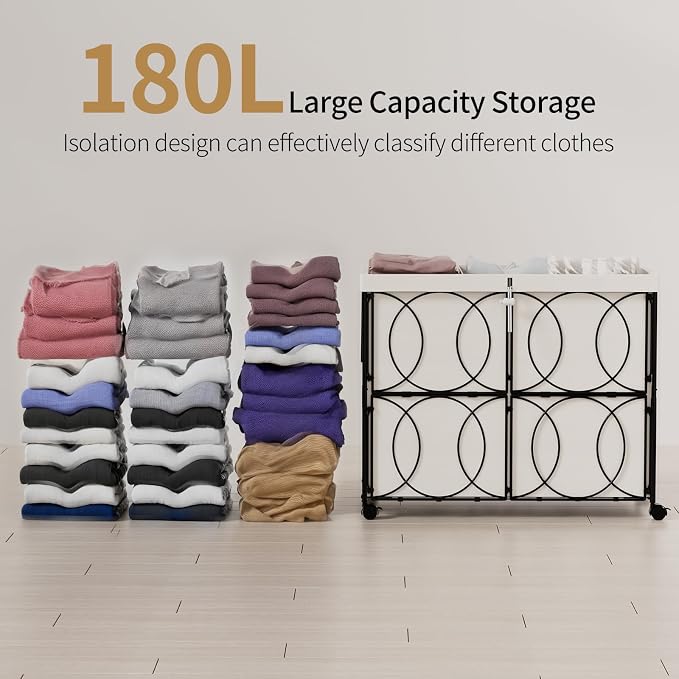 Laundry Hamper with 3 Section, Large 180L Rolling Laundry Basket with Wheels - Image 4