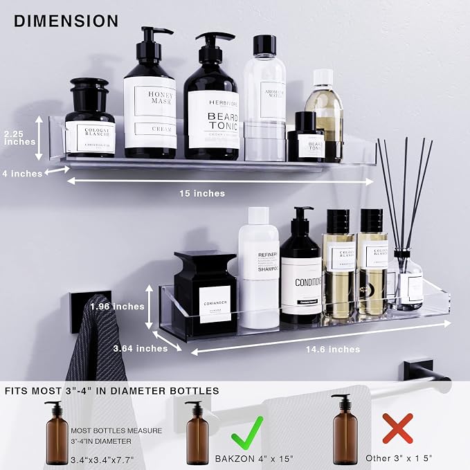 Bakzon Acrylic Shower Shelves 2 Pack – No Drill Adhesive Acrylic Bathroom - Image 2