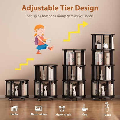 Solid Wood Rotating Bookshelf on Wheels, 4 Tier, Round Revolving Bookcase - Image 7