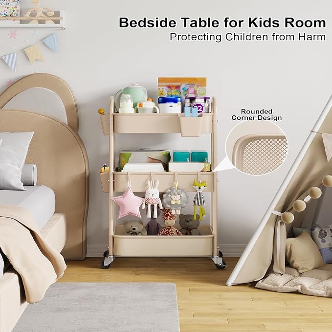 Beige 3 Tier Rolling Cart Metal on Wheels, Three Tiered Storage Organizer - Image 2