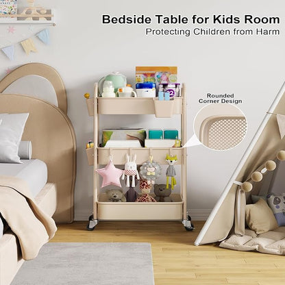 Beige 3 Tier Rolling Cart Metal on Wheels, Three Tiered Storage Organizer - Image 2