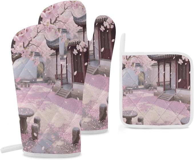 Cherry Blossom Garden Oven Mitts and Pot Holders 3pcs Set | Polyester Heat by Unknown