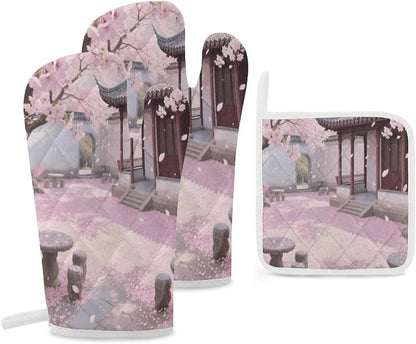 Cherry Blossom Garden Oven Mitts and Pot Holders 3pcs Set | Polyester Heat by Unknown
