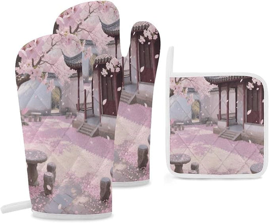 Cherry Blossom Garden Oven Mitts and Pot Holders 3pcs Set | Polyester Heat by Unknown