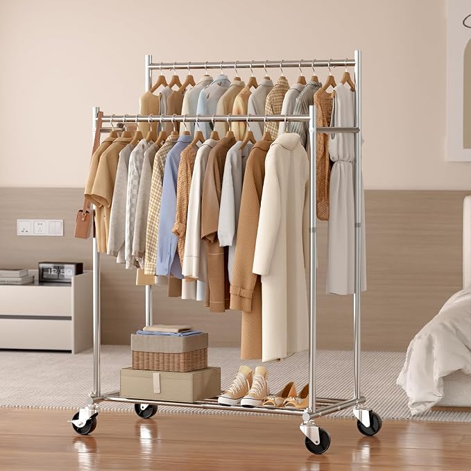 HYSEYY Clothes Rack, Double Rods Rolling Clothing Rack - Image 8