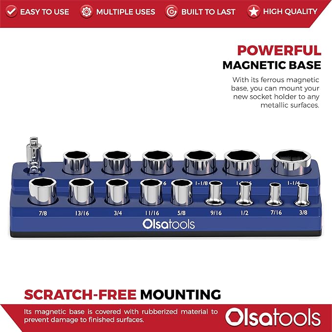 Olsa Tools Magnetic Socket Organizer | 1/2-inch Drive | SAE | Blue | Holds 16 - Image 4