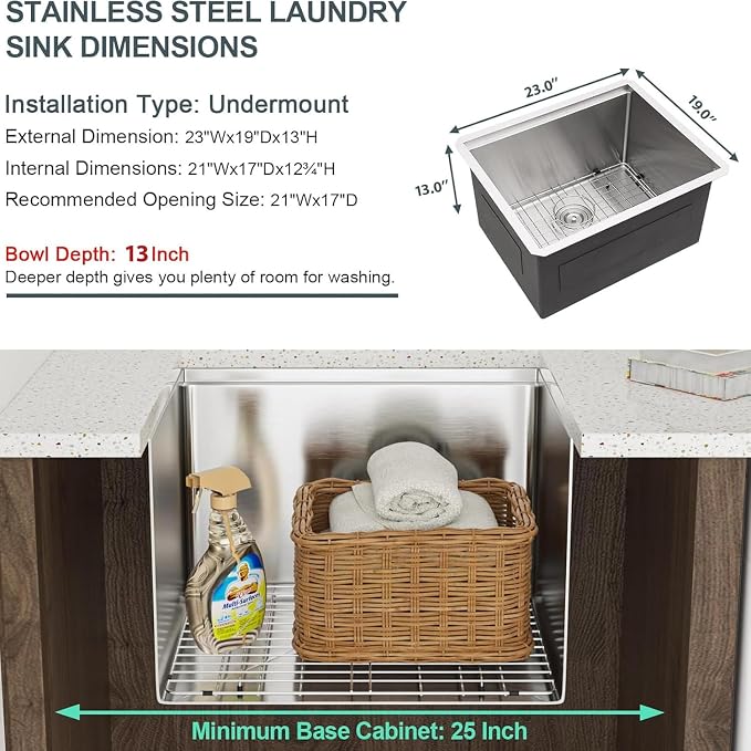 Lordear 23 Inch Laundry Room Sink Undermount 16 Gauge Stainless Steel Single - Image 7