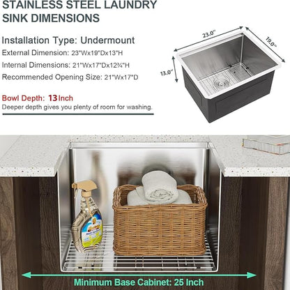 Lordear 23 Inch Laundry Room Sink Undermount 16 Gauge Stainless Steel Single - Image 7
