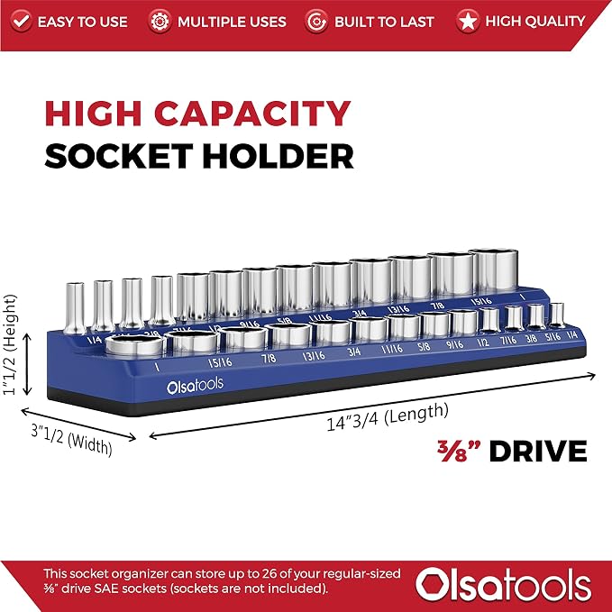 Olsa Tools Magnetic Socket Organizer | 3/8-inch Drive | SAE Blue | Holds 26 - Image 3