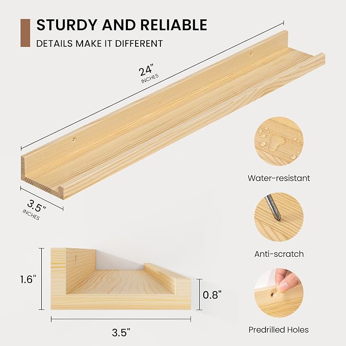 Picture Ledge Shelf, Solid Pine Wood Floating Shelves Set of 2, 24 Inches - Image 3