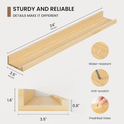 Picture Ledge Shelf, Solid Pine Wood Floating Shelves Set of 2, 24 Inches - Image 3