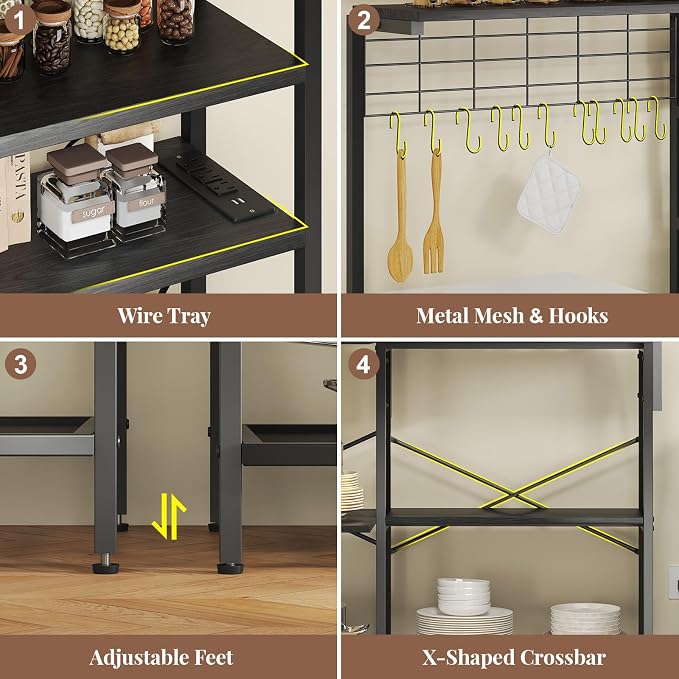 L-Shaped Bakers Rack with Power Outlet, 6-Tier Microwave Stand with Open Storage - Image 6