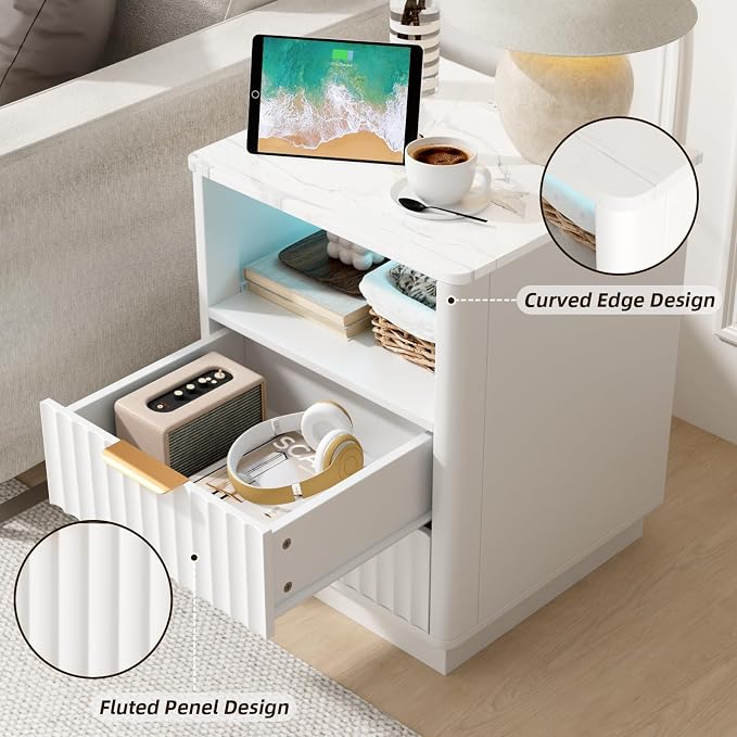 VOWNER Fluted Nightstand with Charging Station, 18” Night Stand with 2 Drawers - Image 5
