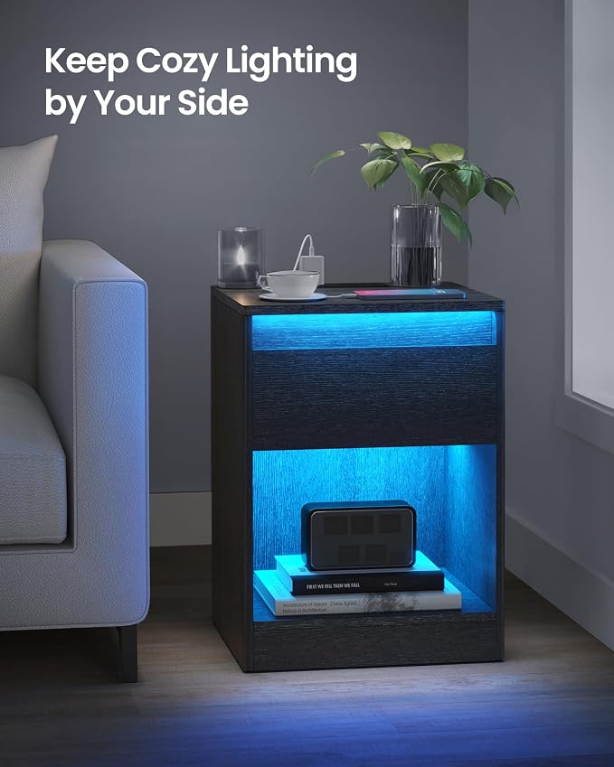 VASAGLE LED Nightstand with Charging Station, Adjustable Light Colors, 2 AC - Image 9