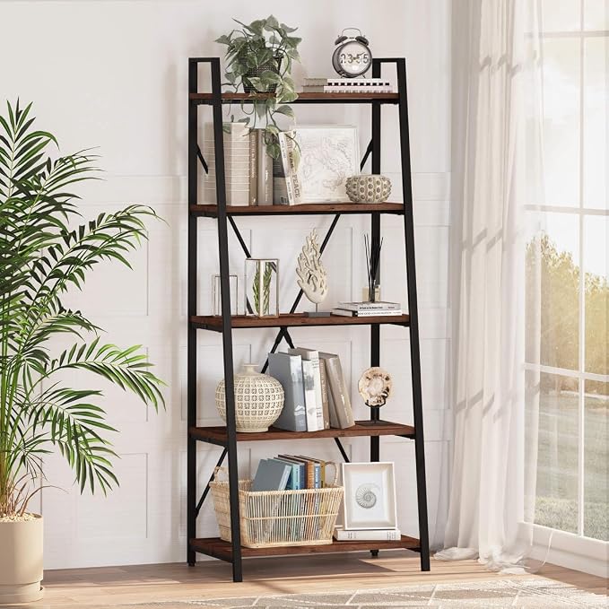 BON AUGURE Ladder Shelf Bookcase, 5-Tier Industrial Ladder Bookshelf, Tall by BONAUGURE