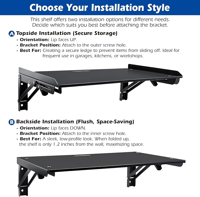 Folding Metal Floating Shelf, 16.9" x 11" Wall Mount Storage Rack - Image 3