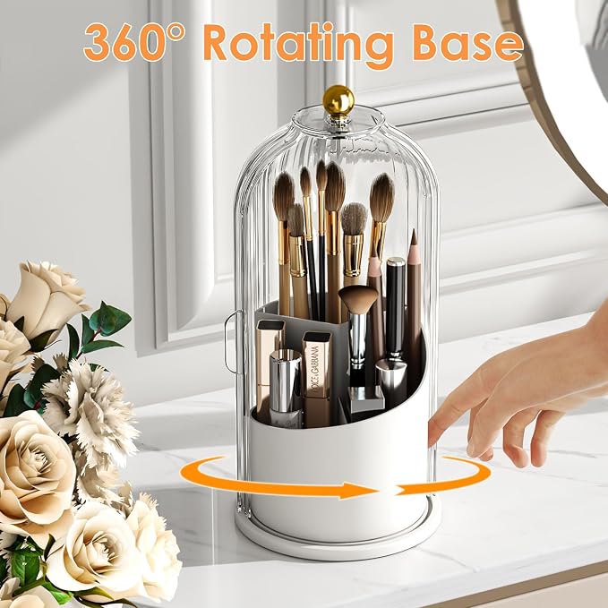 Makeup Brush Holder with Lid 360 Rotating Clear Dustproof Make Up Organizers - Image 3
