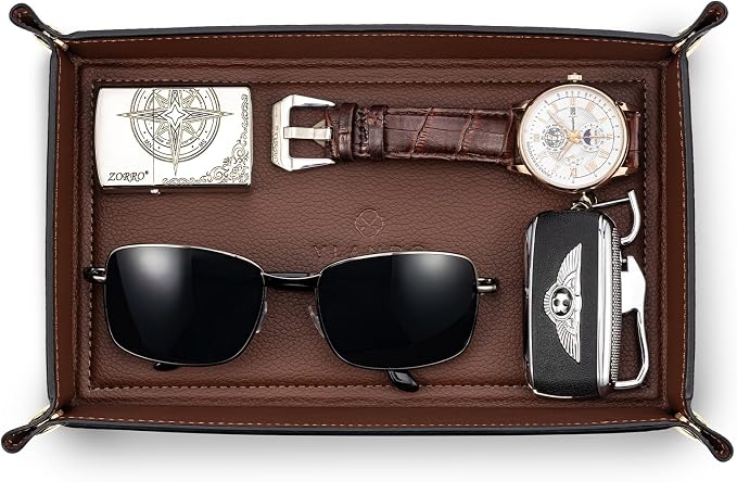 VLANDO Valet Tray for Men, Foldable PU Leather Catchall, Mocha Brown | Travel by VLANDO
