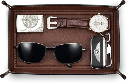 VLANDO Valet Tray for Men, Foldable PU Leather Catchall, Mocha Brown | Travel by VLANDO