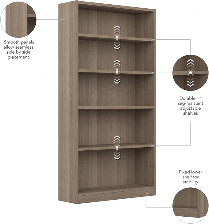Bush Furniture Universal Tall 5 Shelf Bookcase in Ash Gray, Vertical Storage - Image 6