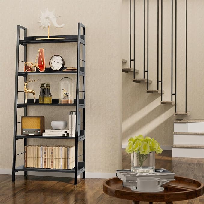 Himimi Black Ladder Bookshelf, 5 Shelf Bookcase Industrial Bookshelf Wood and - Image 2