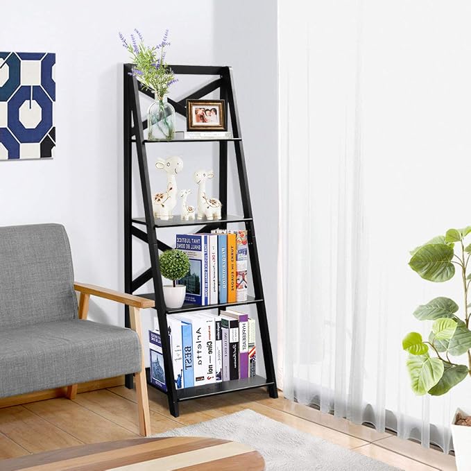 Tangkula 4-Tier Ladder Shelf Bookcase, Leaning Free Standing Wooden Frame Decor - Image 4