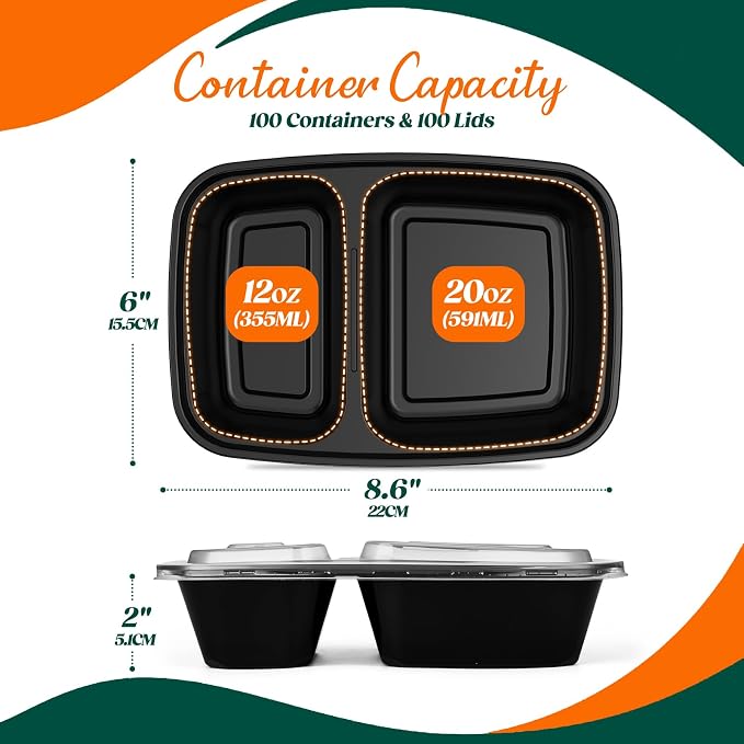 100 Pack32 oz Meal Prep Containers, 2-Compartment Reusable Food Storage - Image 3