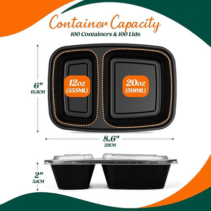 100 Pack32 oz Meal Prep Containers, 2-Compartment Reusable Food Storage - Image 3