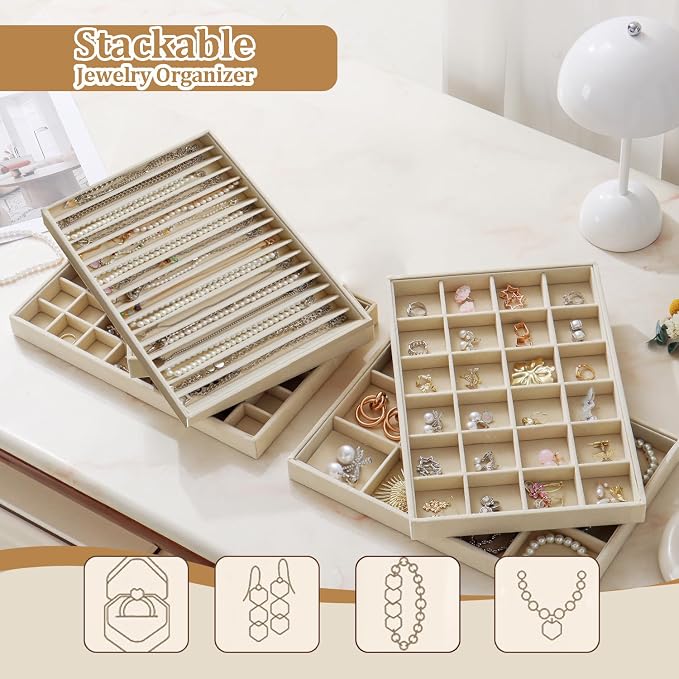 Large Jewelry Drawer Organizer Trays Set of 4, Stackable Velvet Jewelry Trays - Image 7