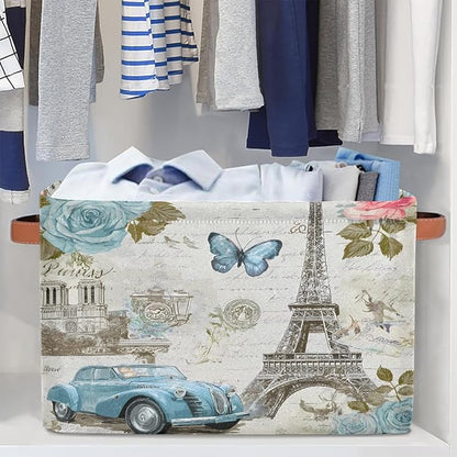 Storage Basket Vintage Paris Eiffel Tower Rose Flower Old Car Storage Cube Box - Image 6