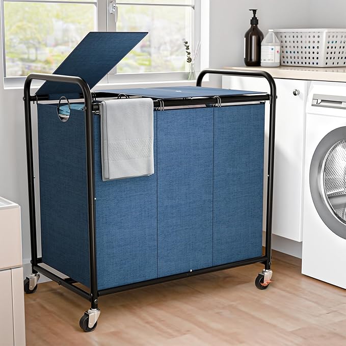 180L Laundry Sorter 3 Section, Rolling Laundry Basket by OLLDIDE