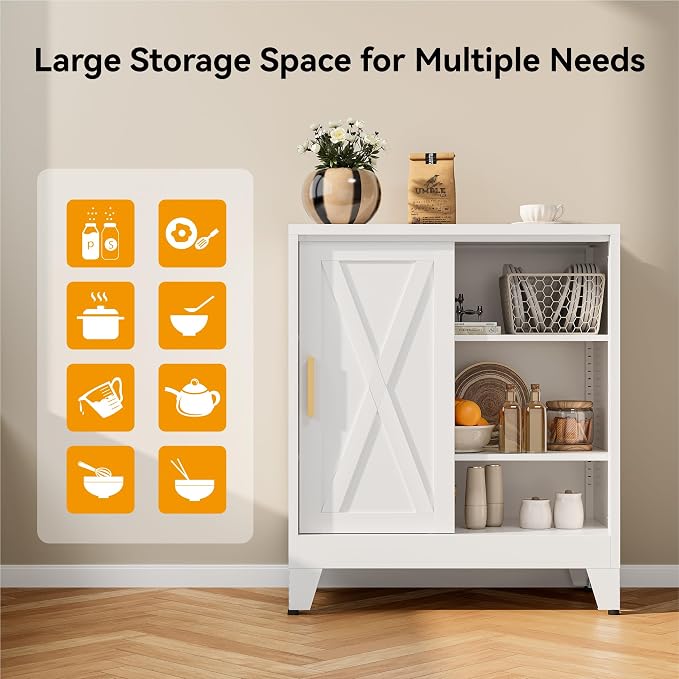 COFaR White 37" H Sliding Door Storage Cabinet, Half Open Half Closed Design - Image 6