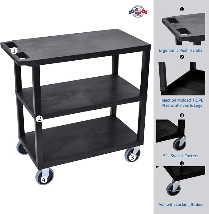 Luxor EC222HD-B Cart with 3 Flat Shelves - Image 2