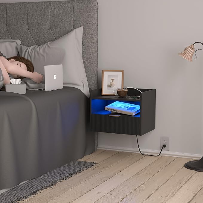 White Floating Nightstand with Charging Station and LED Lights - Image 6