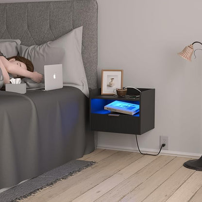 White Floating Nightstand with Charging Station and LED Lights - Image 6