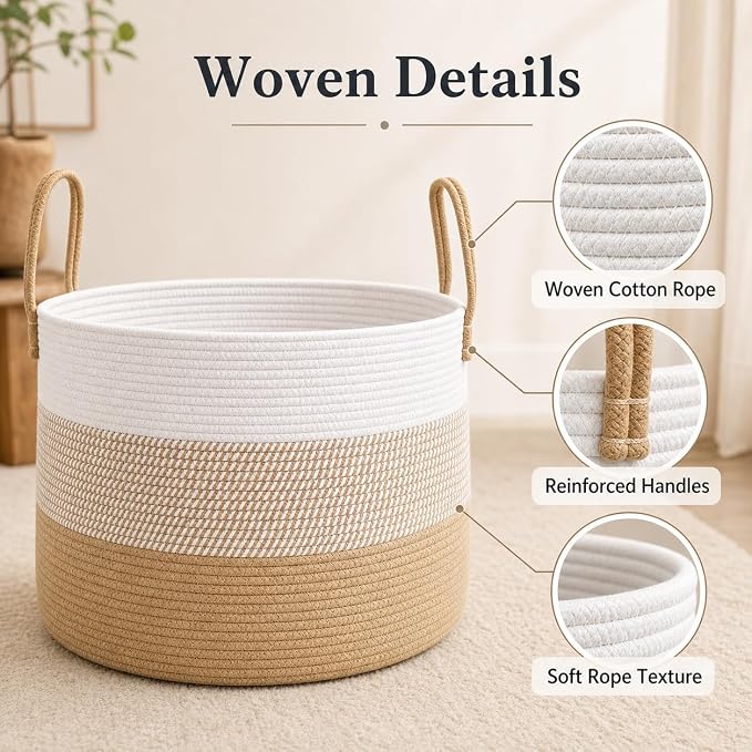 JMvicyroam 115L Extra Large Machine Washable Cotton Rope Blanket Basket | - Image 3