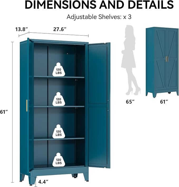 COFaR 61" Metal Pantry Cabinet in Peacock Blue, Farmhouse Storage Cabinet - Image 2