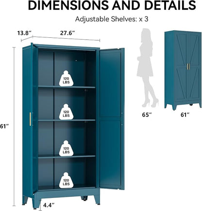 COFaR 61" Metal Pantry Cabinet in Peacock Blue, Farmhouse Storage Cabinet - Image 2