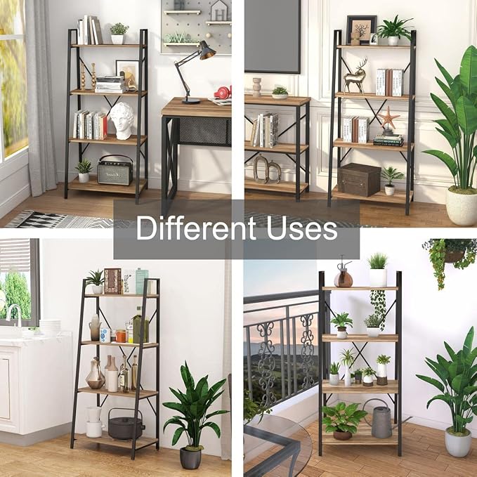 BON AUGURE Farmhouse Ladder Shelf Bookcase, 4 Tier Rustic Ladder Bookshelf - Image 7