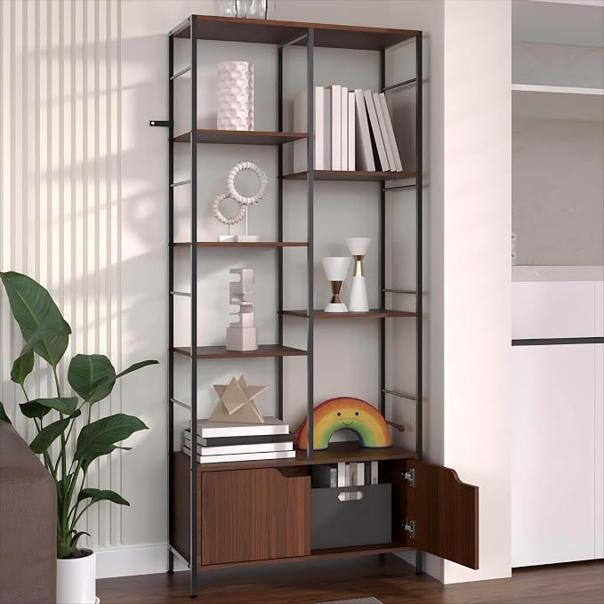 Bookshelf with Doors, 6-Tier Shelf with Storage Cabinet, Industrial Retro by Housoul