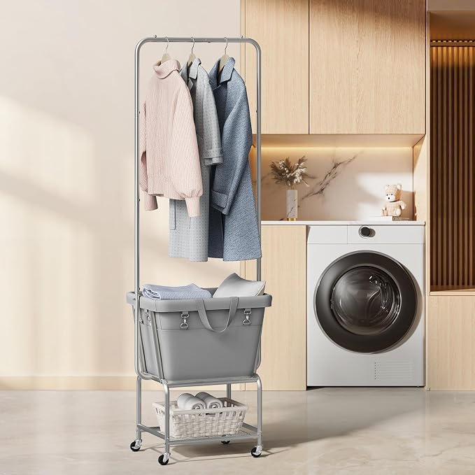 ELYKEN Laundry Cart with Hanging Rack, Rolling Laundry Hamper with Wheels - Image 9