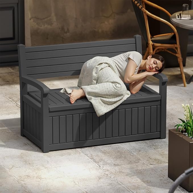 EasyUp 100 Gallon Wood Grain Style Outdoor Storage Bench, Waterproof and - Image 8