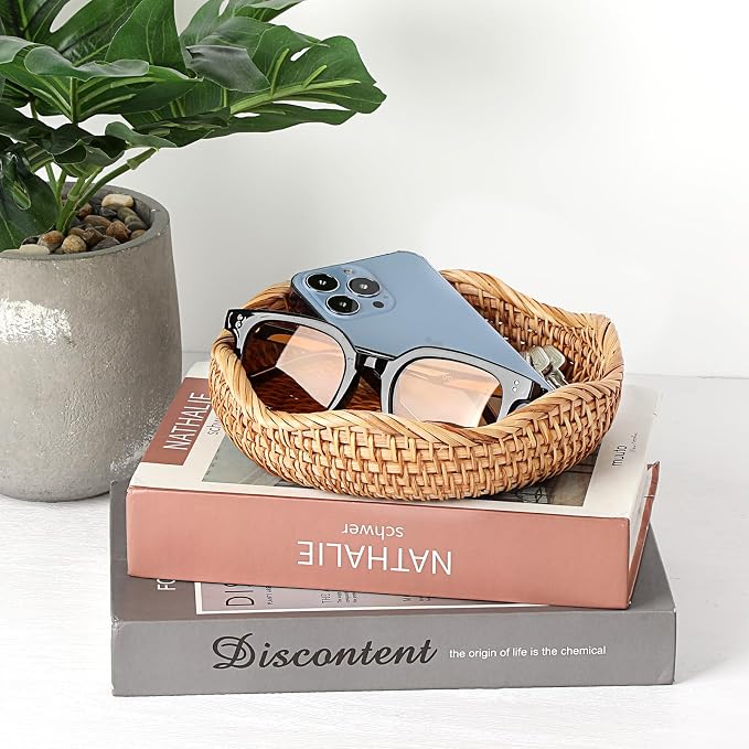 Hipiwe Round Key Basket Bowl for Entryway 7.3" Natural Rattan Fruit Bowl Woven - Image 3