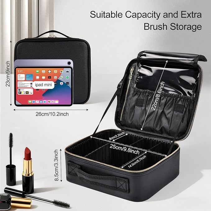 Travel Makeup Bag with Brush Holder, Professional Cosmetic Train Case Organizer - Image 2