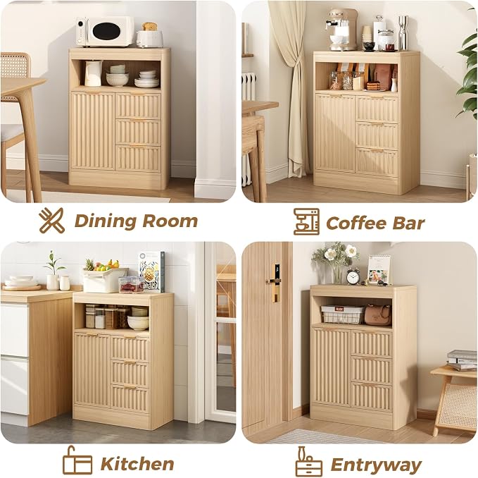 Coffee Bar Cabinet with Drawer, Fluted Buffet Sideboard Cabinet with 3 Drawers - Image 5